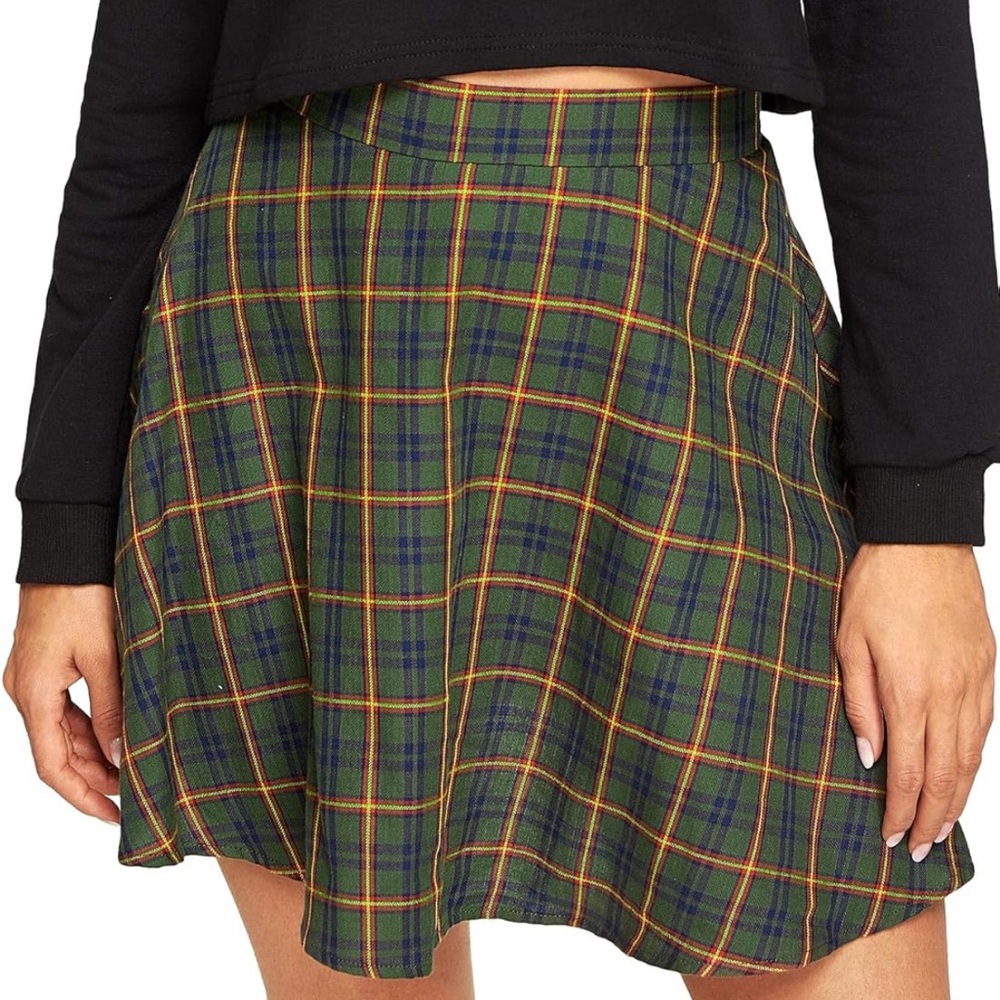 Green Plaid High Waist A-Line Mini Skirt